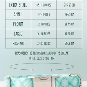May include: Size chart for dog collars in inches and centimeters. The chart shows the collar size in inches and centimeters for extra-small, small, medium, large, and extra-large collars. The chart also includes a diagram showing how to measure a dog's neck for a collar.