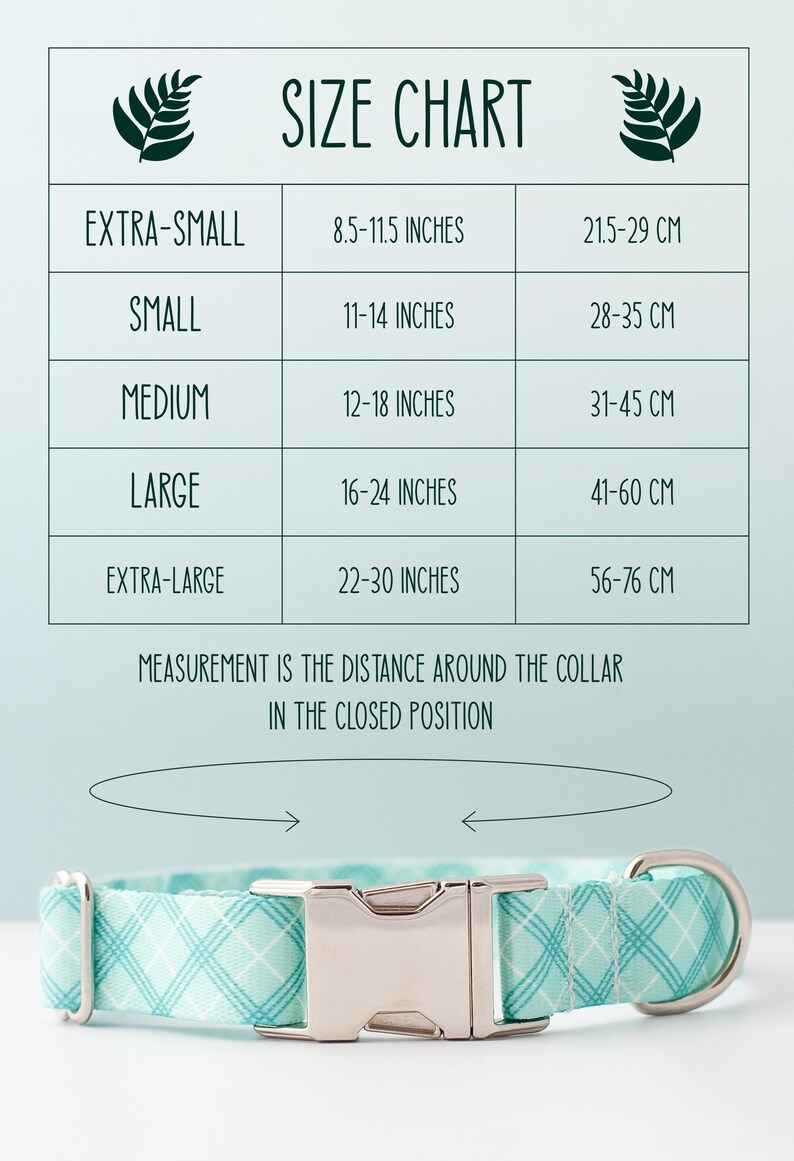 May include: Size chart for dog collars in inches and centimeters. The chart shows the collar size in inches and centimeters for extra-small, small, medium, large, and extra-large collars. The chart also includes a diagram showing how to measure a dog's neck for a collar.