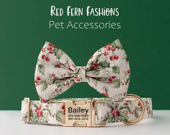 Personalized Christmas Dog Collar with Bow Tie, Holly Berry Holiday Collar, Custom Name Buckle, Christmas Photo Outfit