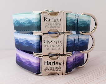Collar para perro de montaña con hebilla de identificación personalizada y etiqueta grabada en degradados de azul verdoso y morado. Collar personalizado para niño y mascota. Collar de montaña para niña.