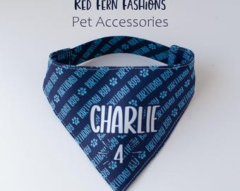 Dog Birthday Bandana Personalized with Name and Age – Blue Birthday Boy Dog Bandana, Custom Pet Birthday Scarf, Dog Party Outfit Photo Prop