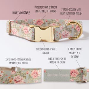 May include: A floral dog collar with a gold-colored buckle and D-ring. The collar features a light green background with pink roses. The polyester strap is smooth and flexible, and the custom printed patterns are infused permanently onto the strap. The label says "Red Fern Fashions".