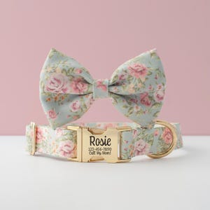 May include: A floral dog collar and matching bow tie set. The collar and bow tie feature a light blue background with pink and peach roses. The collar has a gold-colored buckle with the name "Rosie" and a phone number.