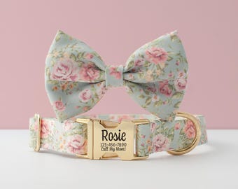 Roses Dog Bow and Collar for Girls Personalized Floral Bowtie Matching Collar Pretty Feminine Pet Accessory Dog Lover Gift Stocking Stuffer
