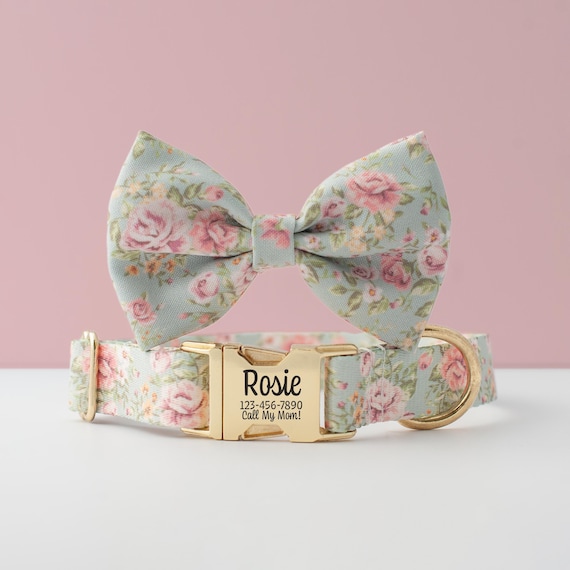 Roses Dog Bow and Collar for Girls Personalized Floral Bowtie Matching Collar Pretty Feminine Pet Accessory Dog Lover Gift Stocking Stuffer