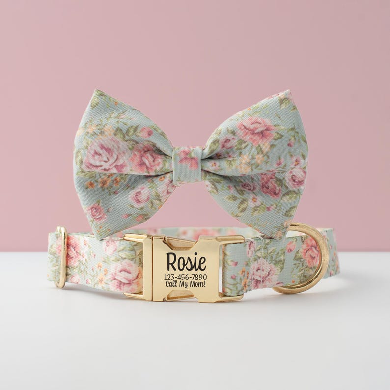May include: A floral dog collar and matching bow tie set. The collar and bow tie feature a light blue background with pink and peach roses. The collar has a gold-colored buckle with the name "Rosie" and a phone number.