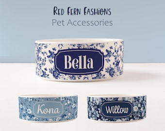 Personalized Blue Floral Ceramic Dog Bowl – Custom Toile Pet Food or Water Dish