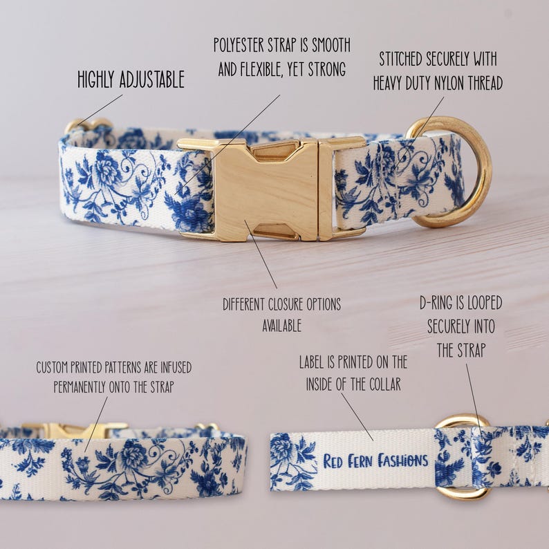 K&ouml;nnte beinhalten: Ein wei&szlig;es und blaues Blumenhundehalsband mit einer goldenen Schnalle und einem D-Ring. Das Halsband ist verstellbar und tr&auml;gt ein Etikett mit der Aufschrift "Red Fern Fashions".