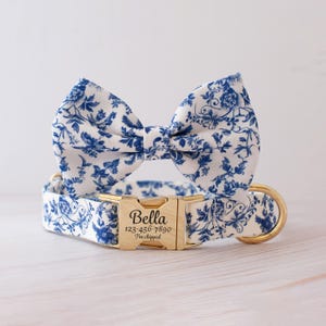 Personalized Dog Collar and Bow Tie for Girls Laser Engraved ID Tag Buckle Blue Floral Collar Trendy Boho Collar with Bow New Puppy Gift Bild 1