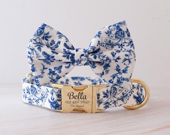 Personalized Dog Collar and Bow Tie for Girls Laser Engraved ID Tag Buckle Blue Floral Collar Trendy Boho Collar with Bow New Puppy Gift