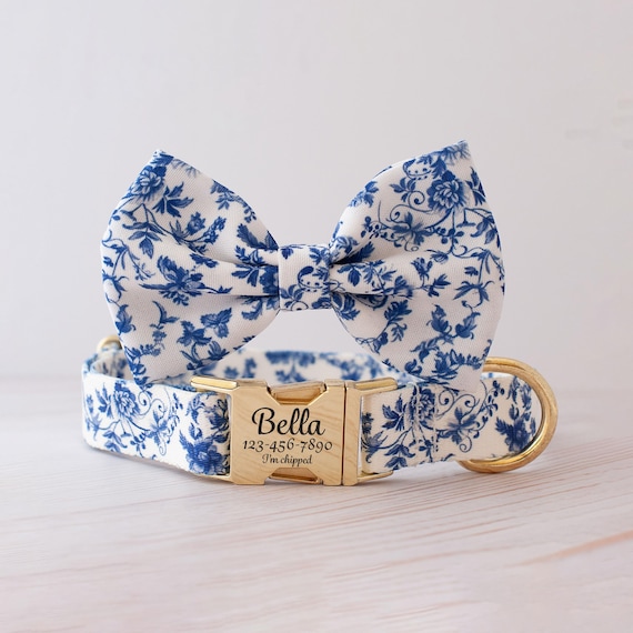 Personalized Dog Collar and Bow Tie for Girls Laser Engraved ID Tag Buckle Blue Floral Collar Trendy Boho Collar with Bow New Puppy Gift