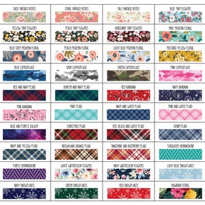 May include: A chart with 36 different patterns, including floral, plaid, camouflage, and galaxy designs. Each pattern is labeled with a descriptive name, such as "Sage Vintage Roses", "Blue Tiny Flowers", and "Red Bandana".