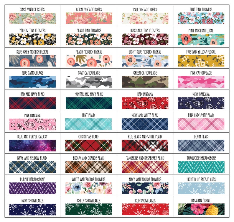 May include: A chart with 36 different patterns, including floral, plaid, camouflage, and galaxy designs. Each pattern is labeled with a descriptive name, such as "Sage Vintage Roses", "Blue Tiny Flowers", and "Red Bandana".