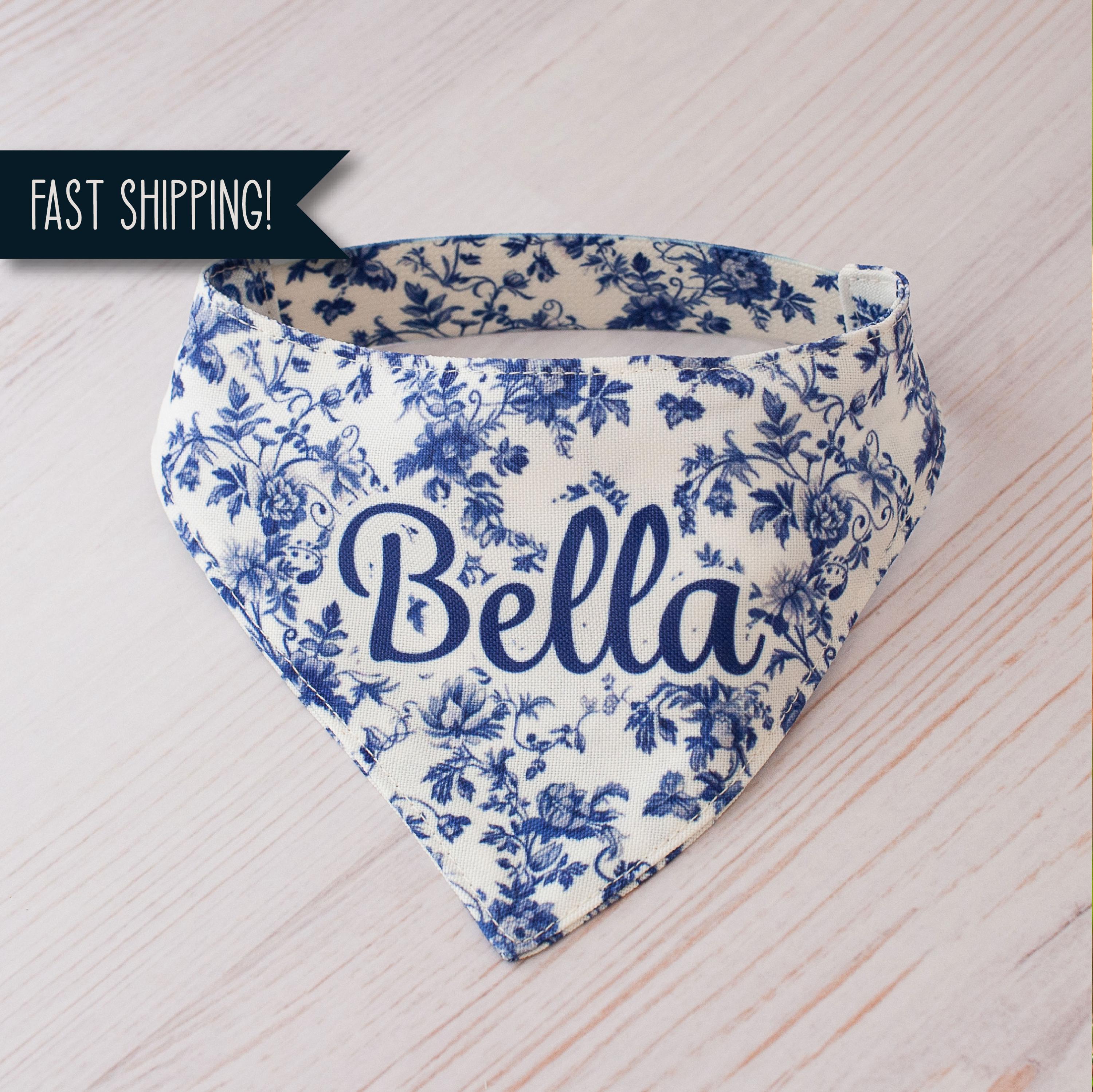 Blue Floral Dog Bandana Personalized Girl Dog Bandana with Name Elastic Bandana Slip-On Chinoiserie Bandana Custom Spring Bandana Toile