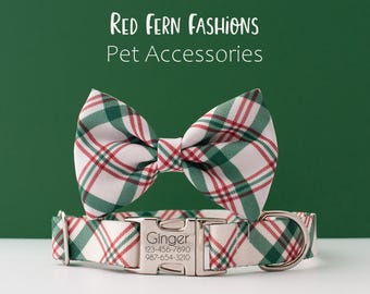 Personalized Christmas Plaid Dog Collar with Bow Tie, Red Green Tartan Holiday Collar, Custom Name Buckle, Dog Christmas Outfit