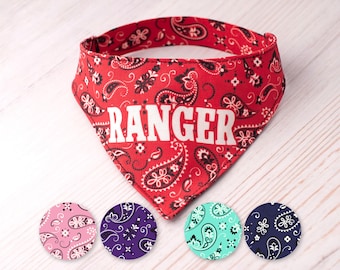 Bandana personalizada para perro, bandana vaquera para mascota, bandana elástica para perro con nombre, ropa para mascota, bandana roja con estampado de cachemira, bandana rosa y azul marino.