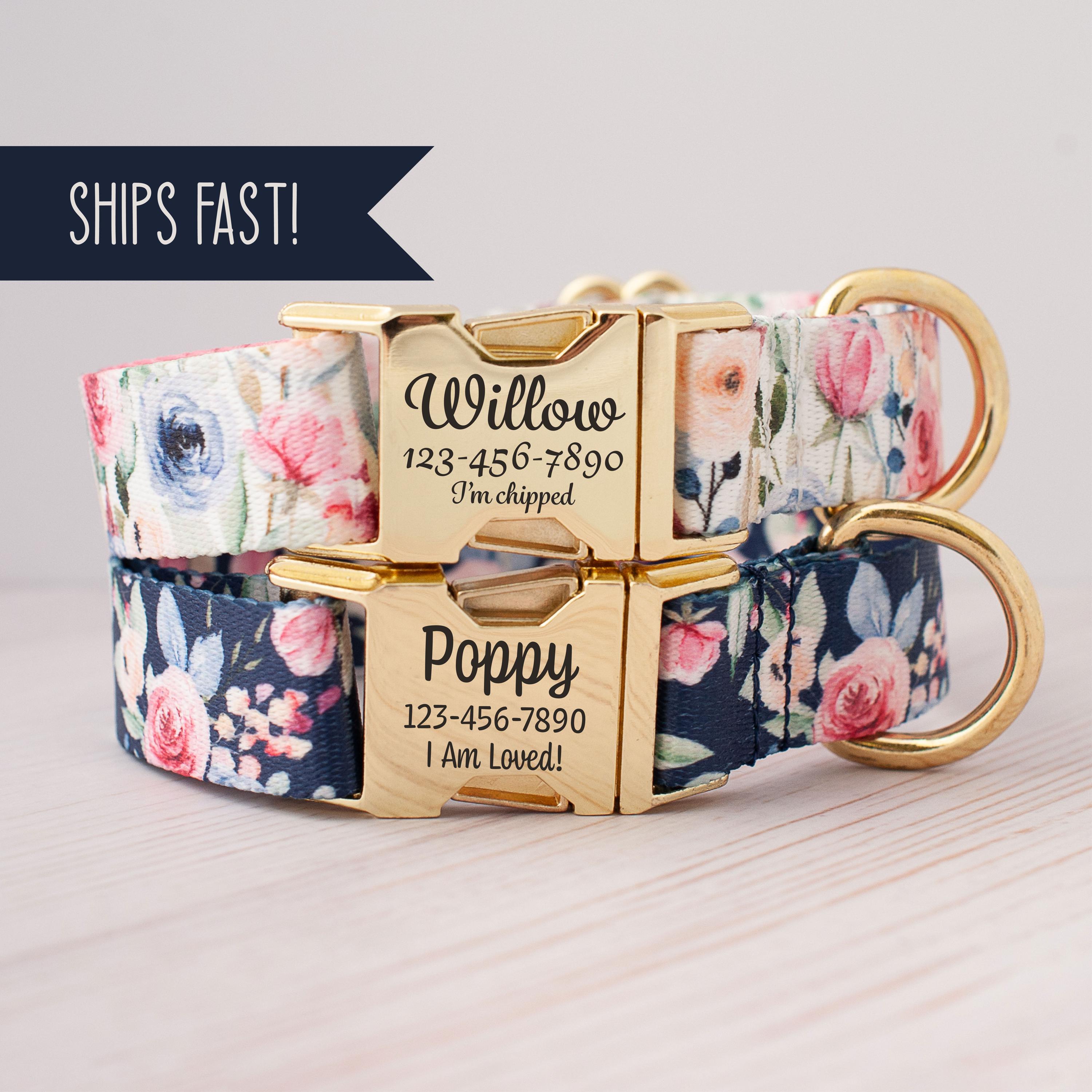 Personalized Watercolor Floral Dog Collar for Girls Pretty Pink Rose Pet Accessory with Engraved ID Tag Gold or Silver Buckle with Name