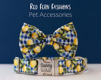 Lemon Dog Collar and Bow Tie Set, Blue Gingham Citrus Pet Collar, Personalized Summer Dog Collar with Engraved Buckle