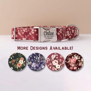Collar de perro personalizado con flores de otoño para niña, collar de flores moradas con nombre, collar de perro con flores rosas, collar de flores burdeos otoñales. imagen 1