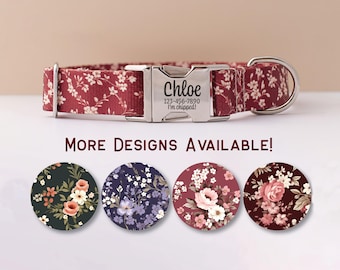 Personalized Dog Collar Fall Floral Collar for Girl Dog Purple Flower Collar With Name Pink Flower Dog Collar Autumn Burgundy Floral Collar