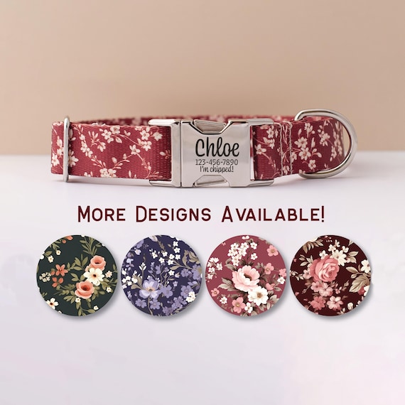 Personalized Dog Collar Fall Floral Collar for Girl Dog Purple Flower Collar With Name Pink Flower Dog Collar Autumn Burgundy Floral Collar