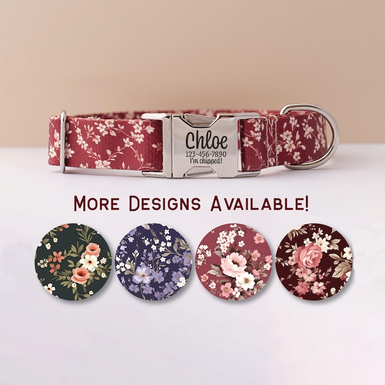 Collar de perro personalizado con flores de otoño para niña, collar de flores moradas con nombre, collar de perro con flores rosas, collar de flores burdeos otoñales. imagen 1