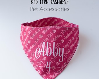 Dog Birthday Bandana Personalized with Name and Age – Pink Birthday Girl Dog Bandana, Custom Pet Birthday Gift, Dog Party Outfit Photo Prop