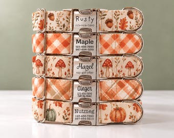 Personalized Fall Dog Collar with Name | Autumn Pumpkin, Mushroom, Plaid, Gingham & Acorn Collar
