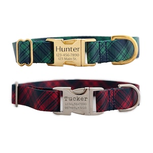 Personalized Tartan Plaid Dog Collar in Red or Dark Green