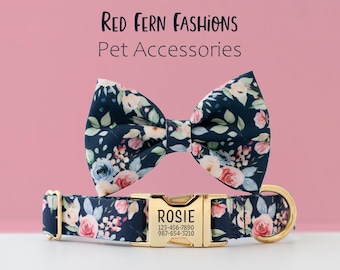 Roses Personalized Dog Collar and Bow Tie for Girl Laser Engraved ID Tag Buckle Navy Blue and Pink Floral Collar with Bow Stocking Stuffer