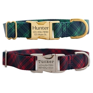 Personalized Tartan Plaid Dog Collar in Red or Dark Green