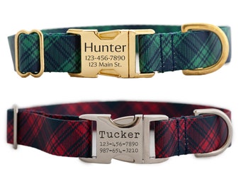 Personalized Tartan Plaid Dog Collar in Red or Dark Green