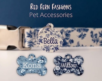 Personalized Blue Toile Pet ID Tag, Custom Dog Name Tag Floral, Double Sided Cat Tag, Matching Collar Available