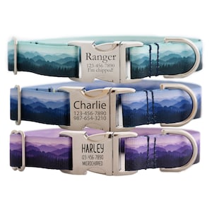 Personalized Mountain Landscape Dog Collar in Teal, Blue, and Purple