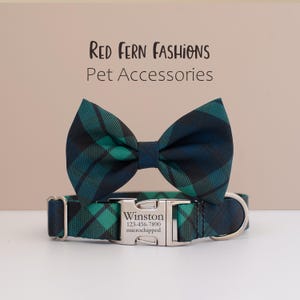 May include: A matching pet collar and bow tie set in a green and navy blue plaid pattern. The collar has a silver buckle with the name "Winston" and a phone number. The text "Red Fern Fashions Pet Accessories" is at the top.