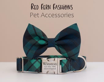Navy Green Plaid Dog Collar and Bow Set with Engraved ID Buckle | Black Watch Tartan Pet Gift for Stylish Dogs | Christmas Collar for Photo