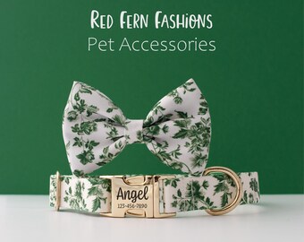 Green Floral Dog Collar with Bow Tie, Personalized Botanical Dog Collar, Toile Pet Collar Custom