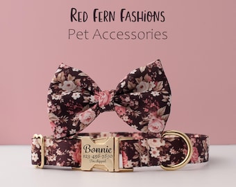 Personalized Floral Dog Collar with Bow Tie, Burgundy Pink Rose Collar, Custom Name Buckle, Elegant Girl Dog Collar