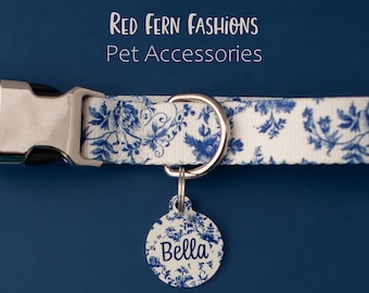 Floral Pet ID Tag with Matching Dog Collar | Custom Name Tag | Blue & White Toile Dog Collar | Puppy or Cat Personalized ID Nameplate