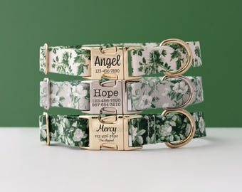 Green Floral Dog Collar, Personalized Botanical Pet Collar, Toile Dog Collar, Custom Name Buckle