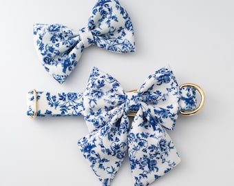 Floral Dog Bow French Toile de Jouy Bowtie Coquette Pet Accessory Girl Sailor Bow Pretty Blue Flower Pattern Dog Lover Gift Stocking Stuffer