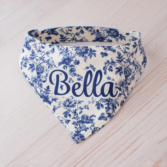 Blue Floral Dog Bandana Personalized Girl Dog Bandana with Name Elastic Bandana Slip-On Chinoiserie Bandana Custom Spring Bandana Toile