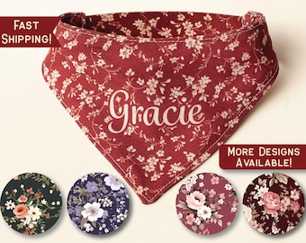 Personalized Dog Bandana Fall Flower Bandana With Name Elastic Bandana Dainty Floral Purple Burgundy Peach Autumn Dog Scarf for Girls