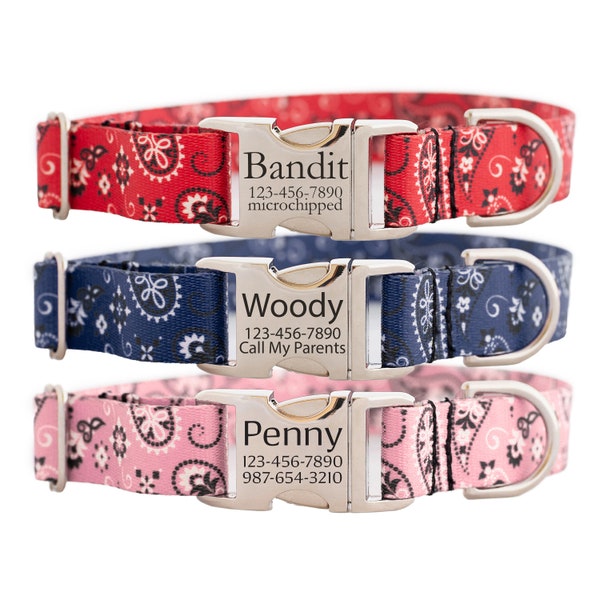 Personalized Western Bandana Dog Collar in Red, Navy, and Pink