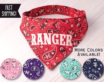 Personalized Dog Bandana Western Pet Bandana Cowboy Dog Scarf Elastic Dog Bandana with Name Pet Apparel Red Paisley Puppy Bandana Pink Navy