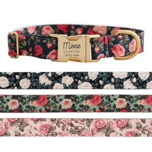 May include: A black and green floral dog collar with a gold buckle and a personalized name tag that reads "Minnie 123-456-7890 Call My Parents".