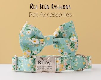 Light Blue Floral Dog Collar with Matching Bow | Personalized Engraved Pet Collar | Spring Flower Puppy Collar
