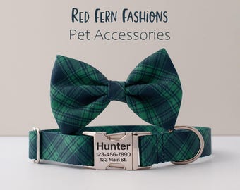 May include: A green and navy plaid dog collar and bow tie set. The collar has a silver buckle with the name "Hunter" and contact information. The text "Red Fern Fashions Pet Accessories" is at the top.
