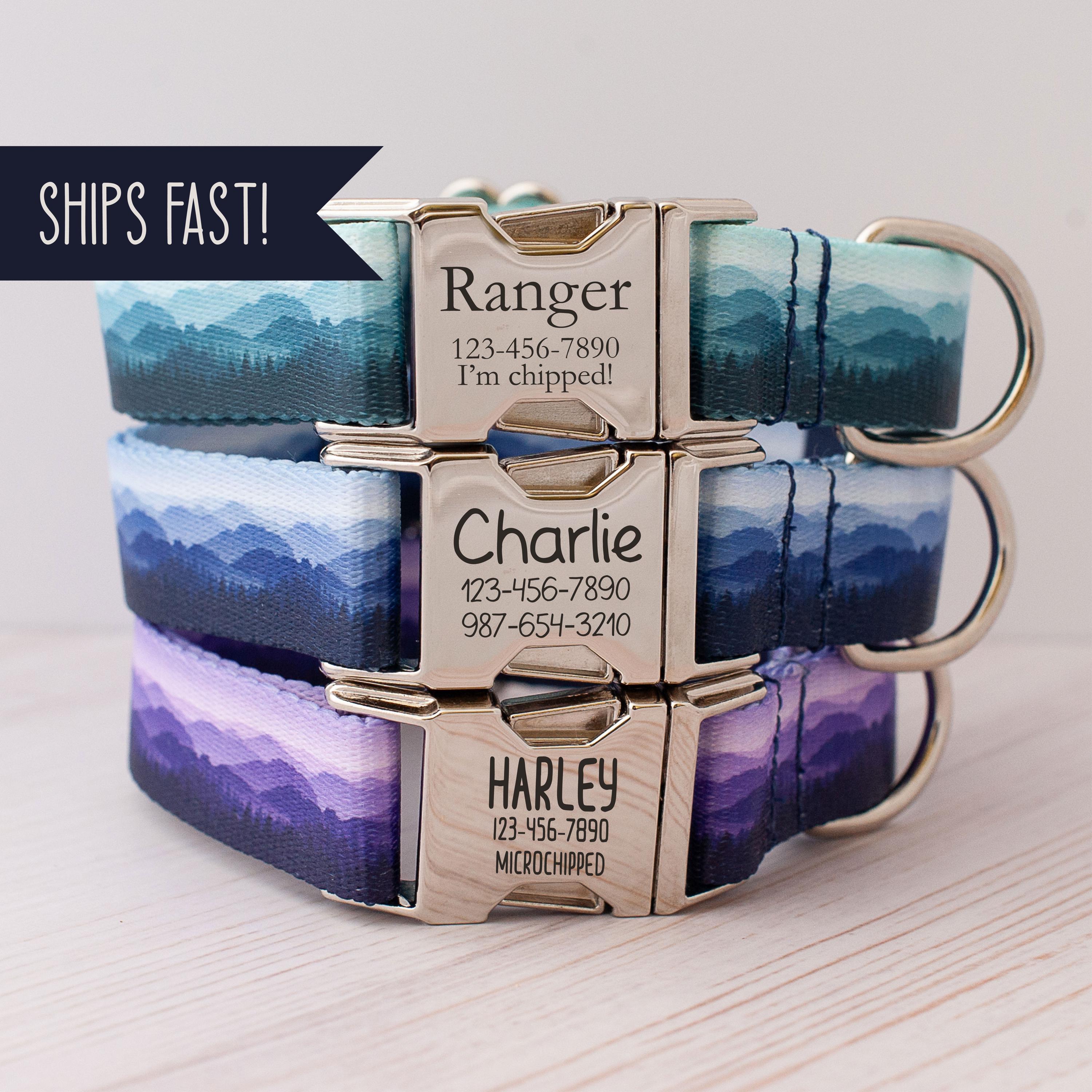Mountain Dog Collar Personalized ID Buckle Engraved Tag in Teal Blue and Purple Gradients Custom Boy Pet Collar Mountain Collar for Girls