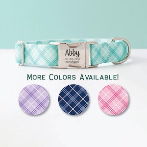 Personalized Dog Collar Pastel Plaid Laser Engraved Dog ID Buckle Collar With Name Mint Lavender Navy Pink Dog Collar Small Dog Puppy Collar image 1